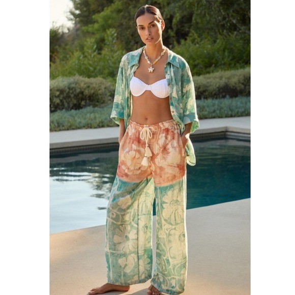 By Anthropologie Pants - By‎ Anthropologie Short-Sleeve Printed Linen Buttondown Shirt Tunic Top XS/XXS